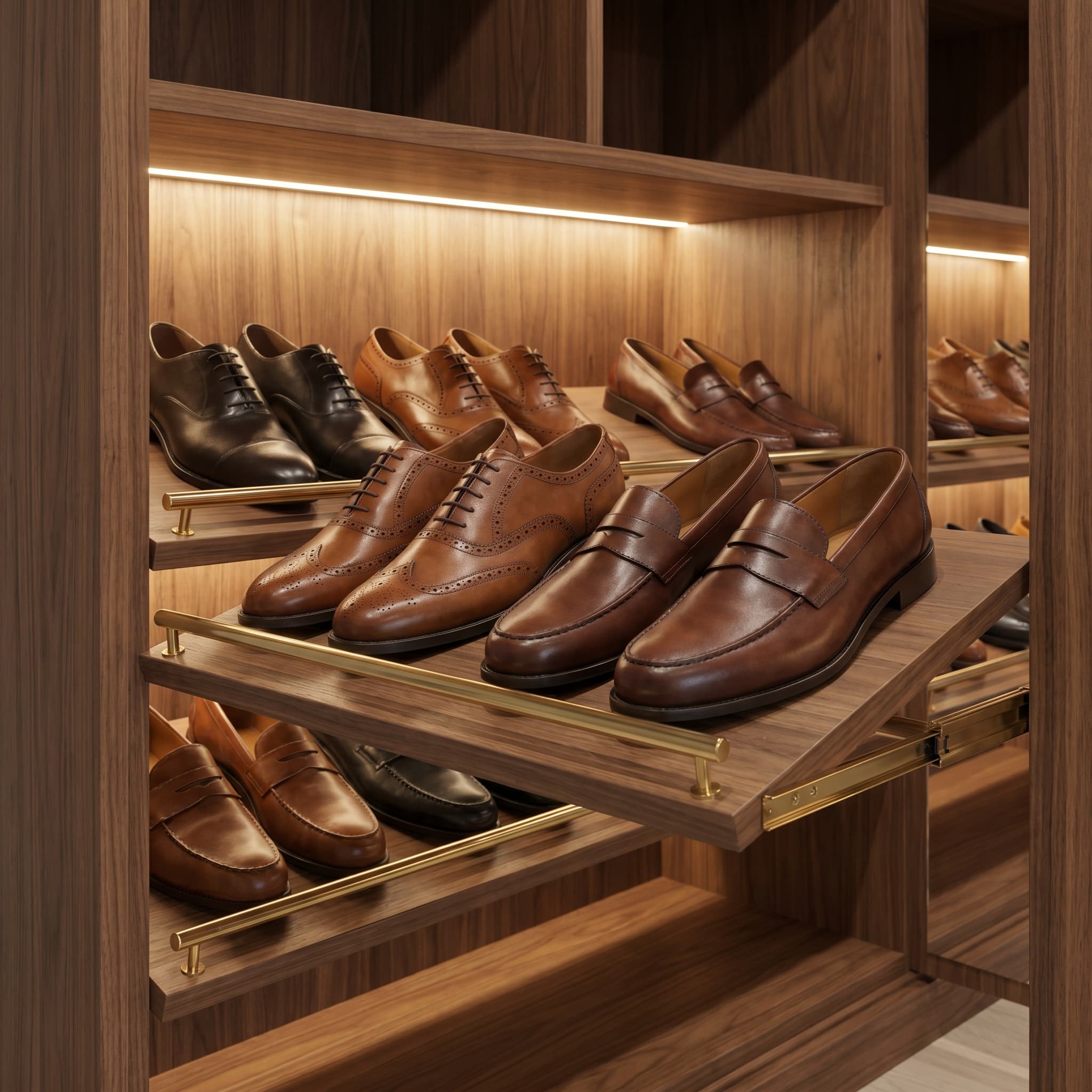 Angled shoe pullout shelf