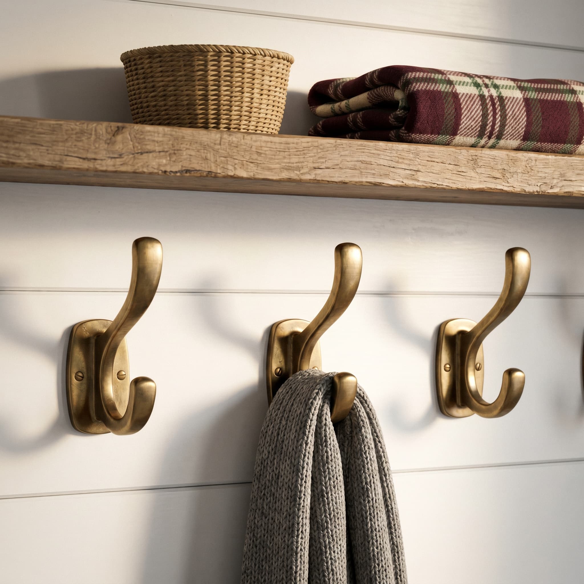 Brass hook rail with shelf