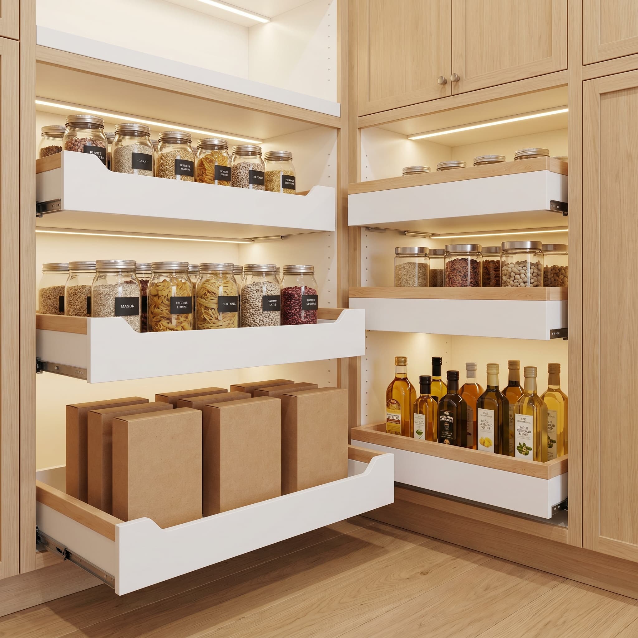 Roll-out adjustable shelves