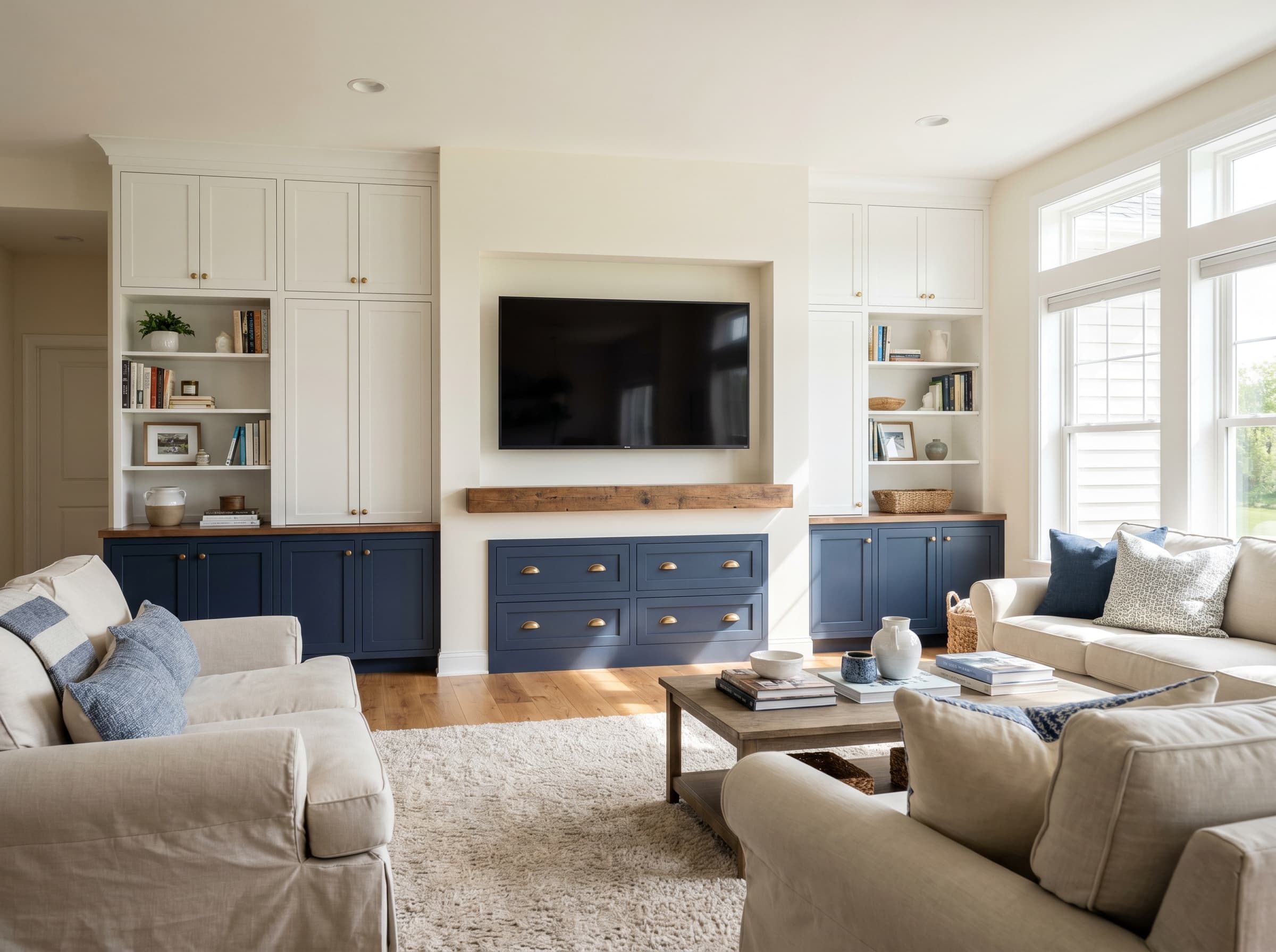 Marietta, GA · Two-tone media wall with white uppers, navy lowers, recessed TV niche.