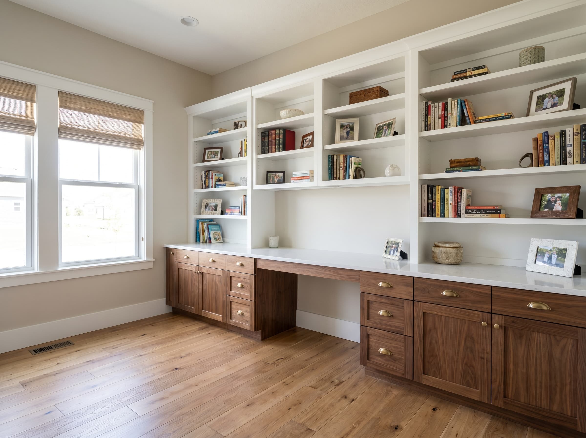 Norcross, GA · Two-tone office built-in with white uppers and walnut lowers.