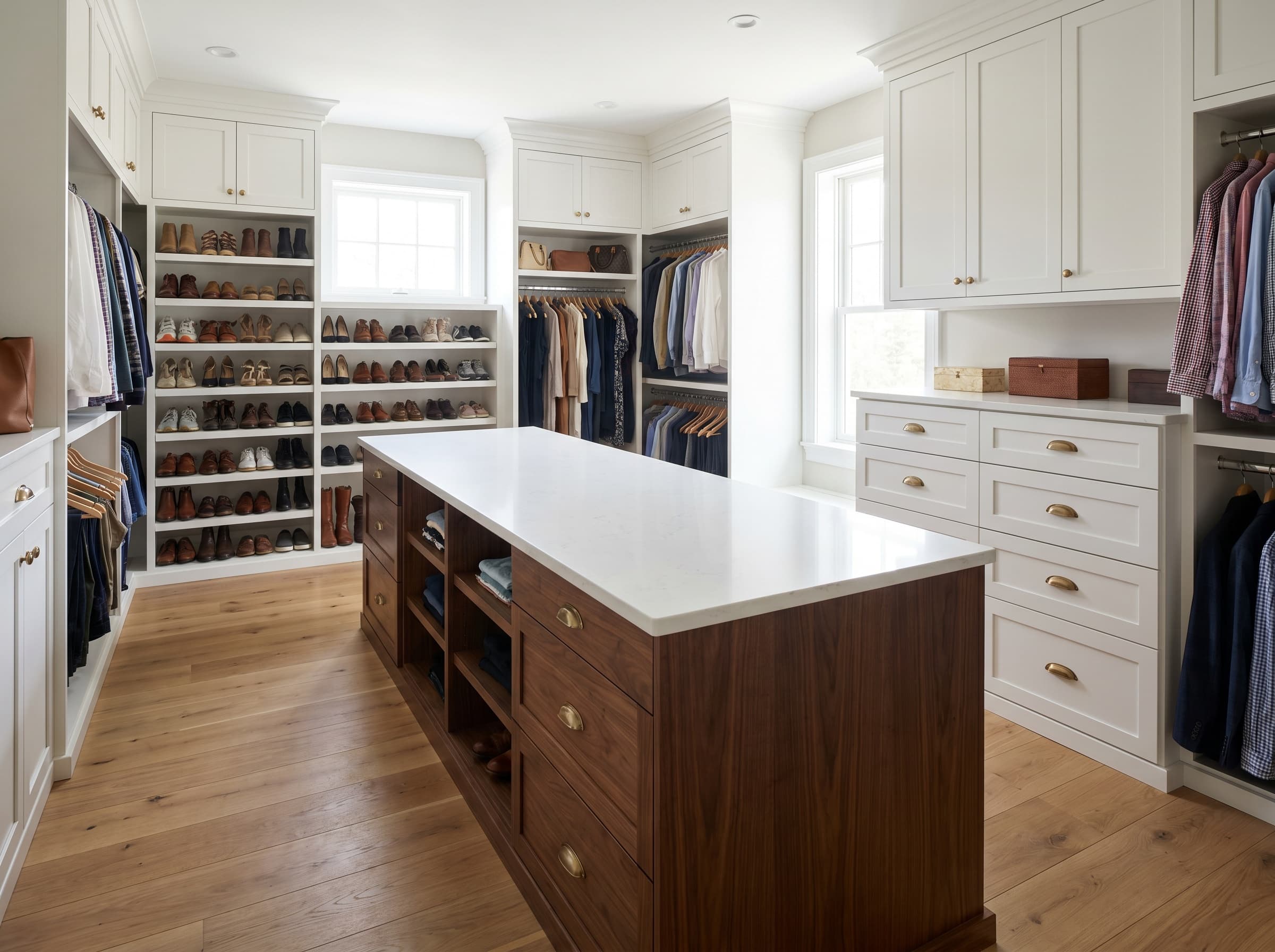 Brookhaven, GA · White shaker walk-in with a long walnut slab island.