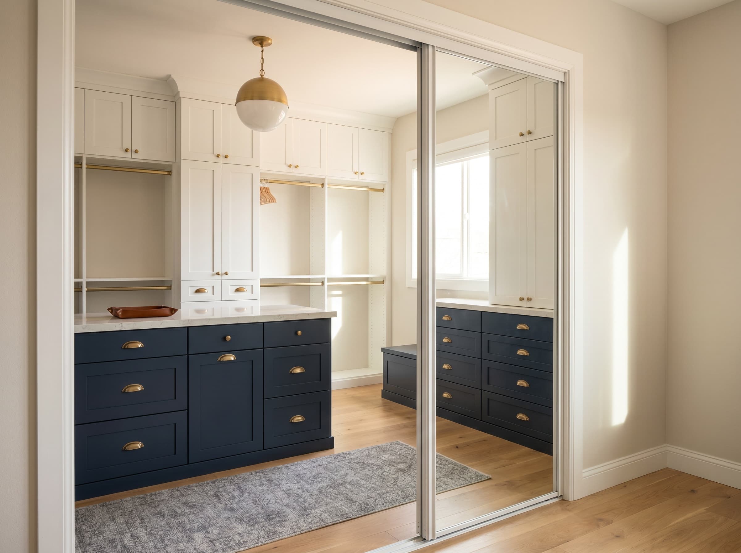 Sandy Springs, GA · Two-tone walk-in with white uppers and navy lower drawers.