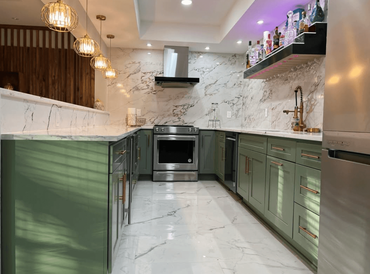 Woodstock, GA · Custom white kitchen with seated island and bar stools.