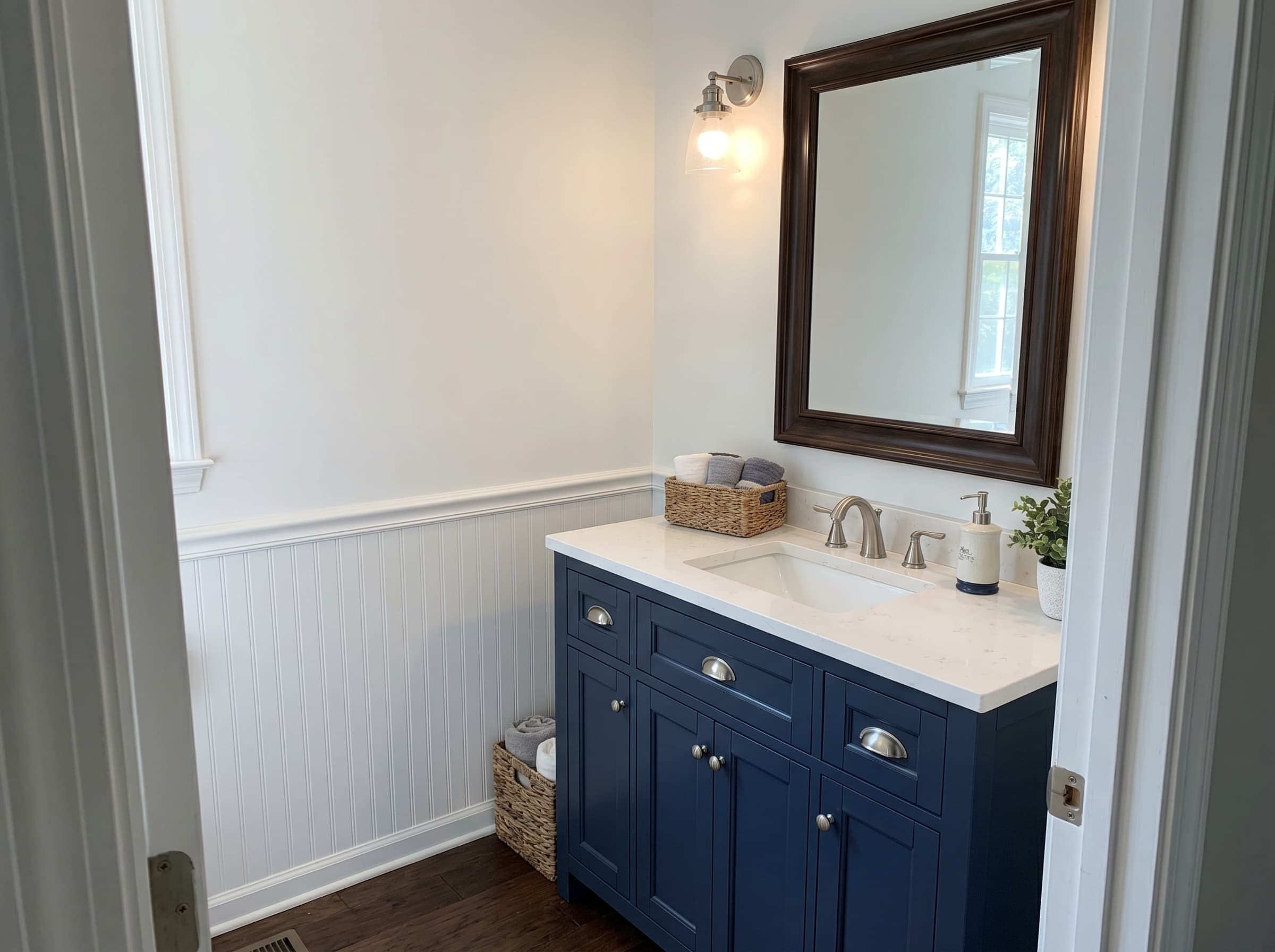 Decatur, GA · 30 inch navy vanity with brushed nickel pulls.