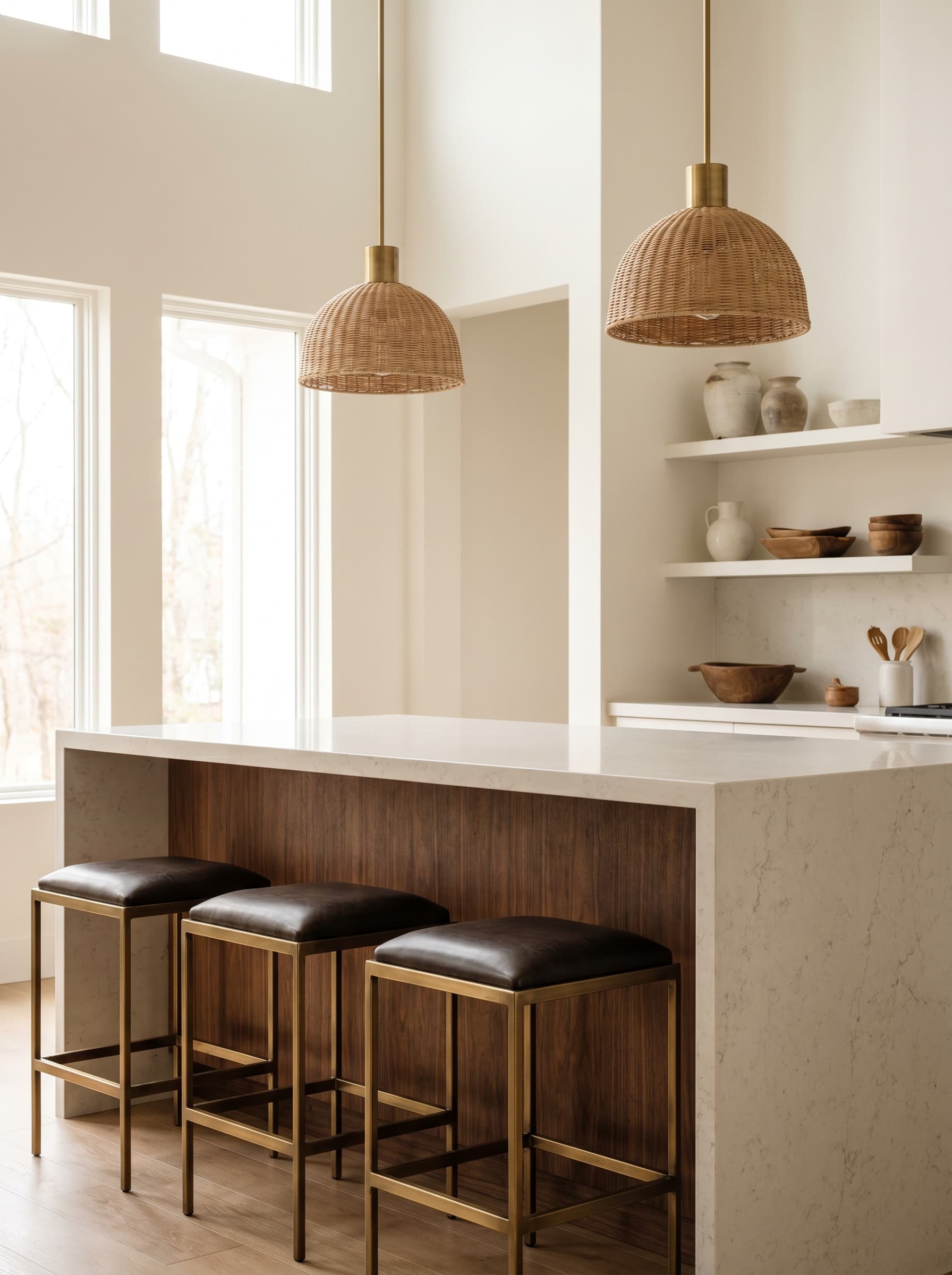 Walnut kitchen island with quartz waterfall