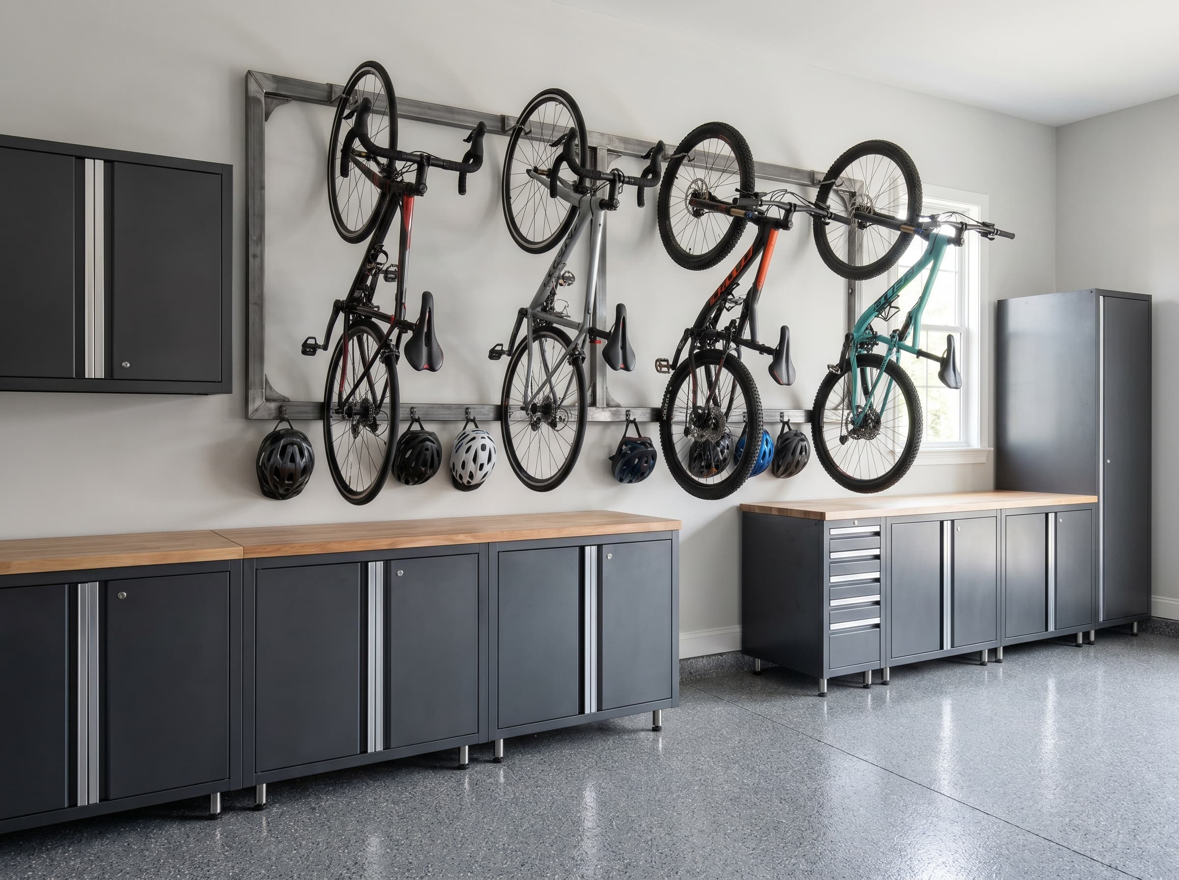 Brookhaven, GA · Side wall with bike storage rack and charcoal cabinets below.