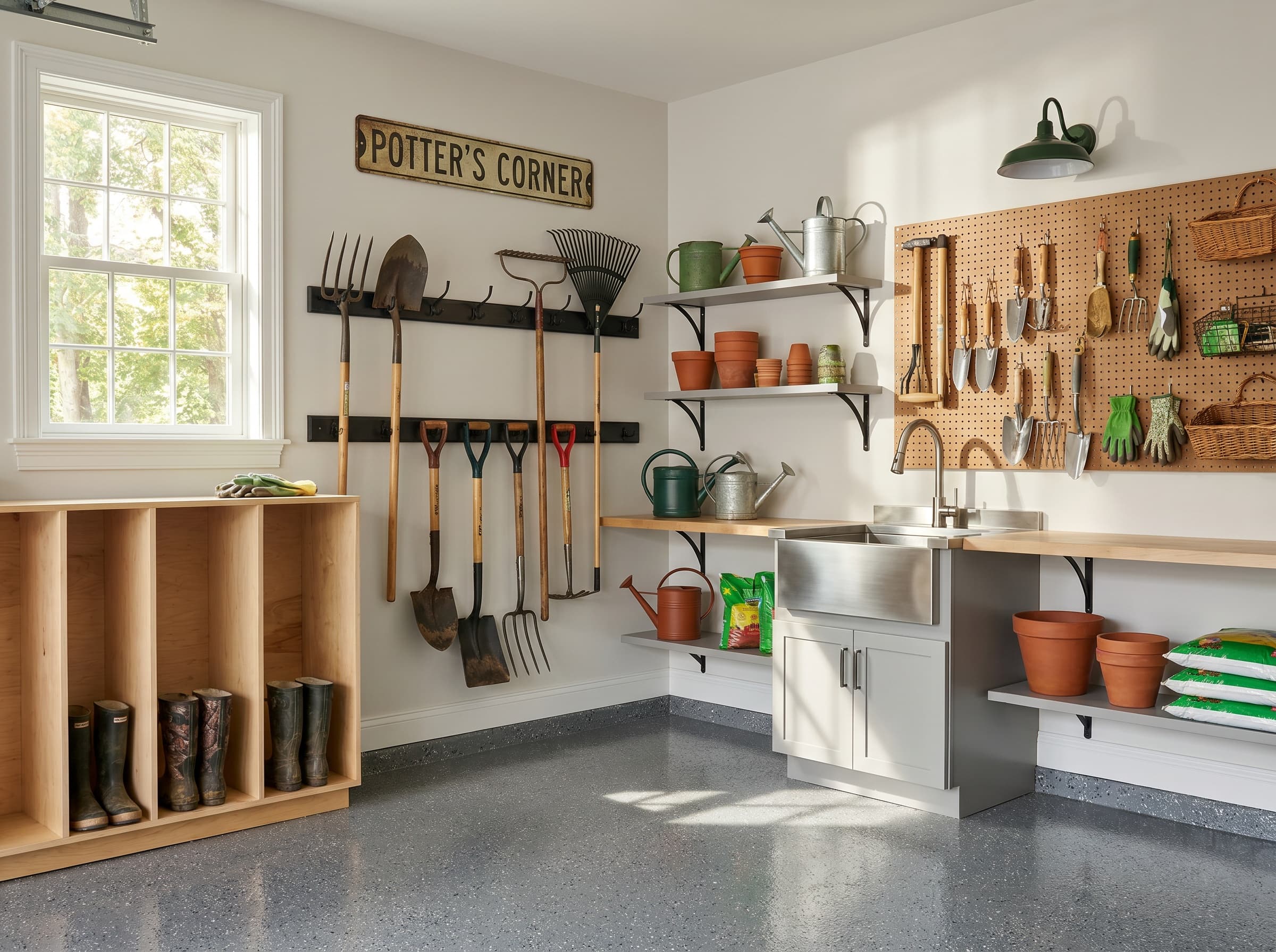Cumming, GA · Gardening station with boot cubbies, sink, and pegboard.