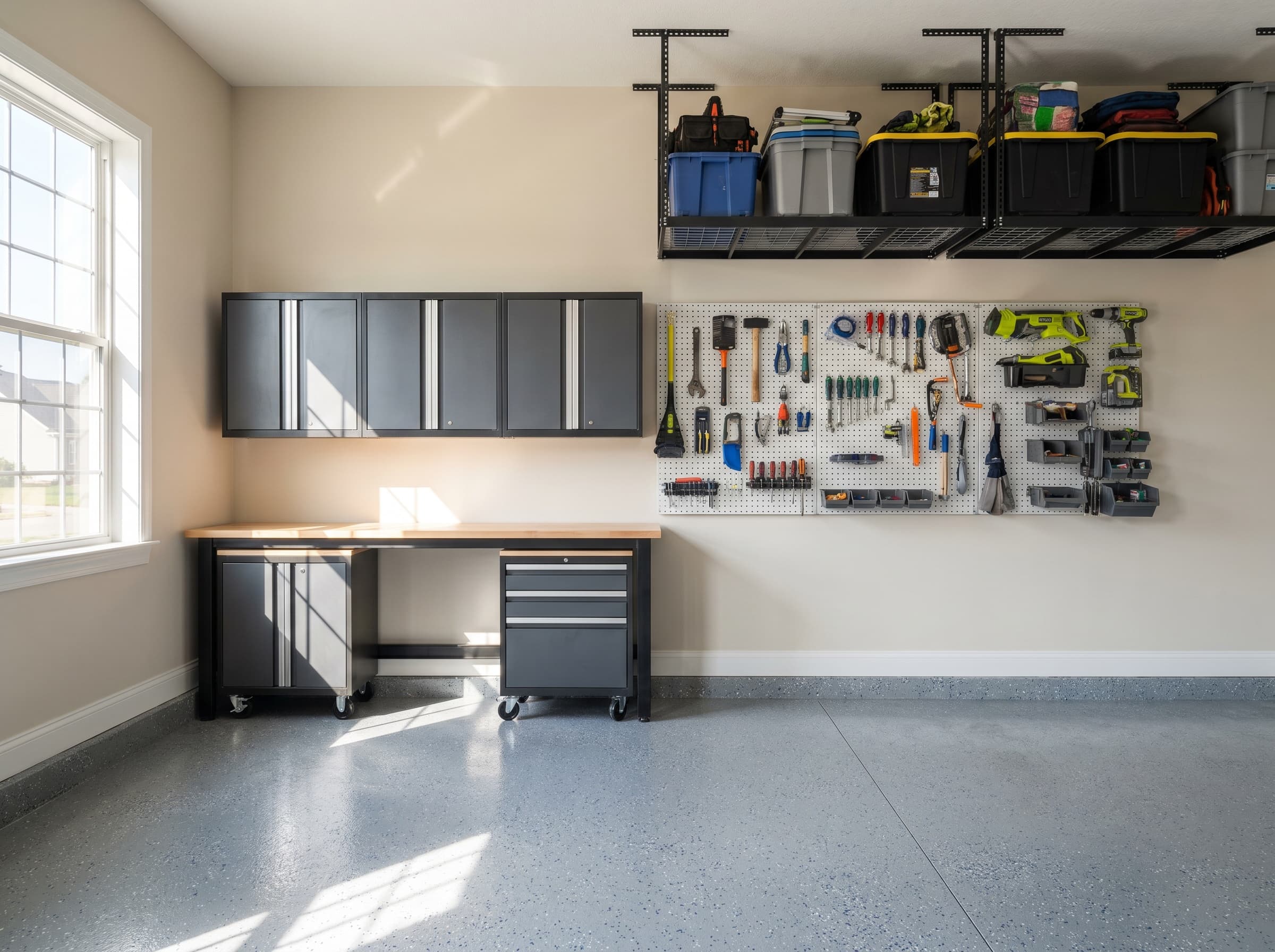 Wall + Workbench package · 2-car back wall