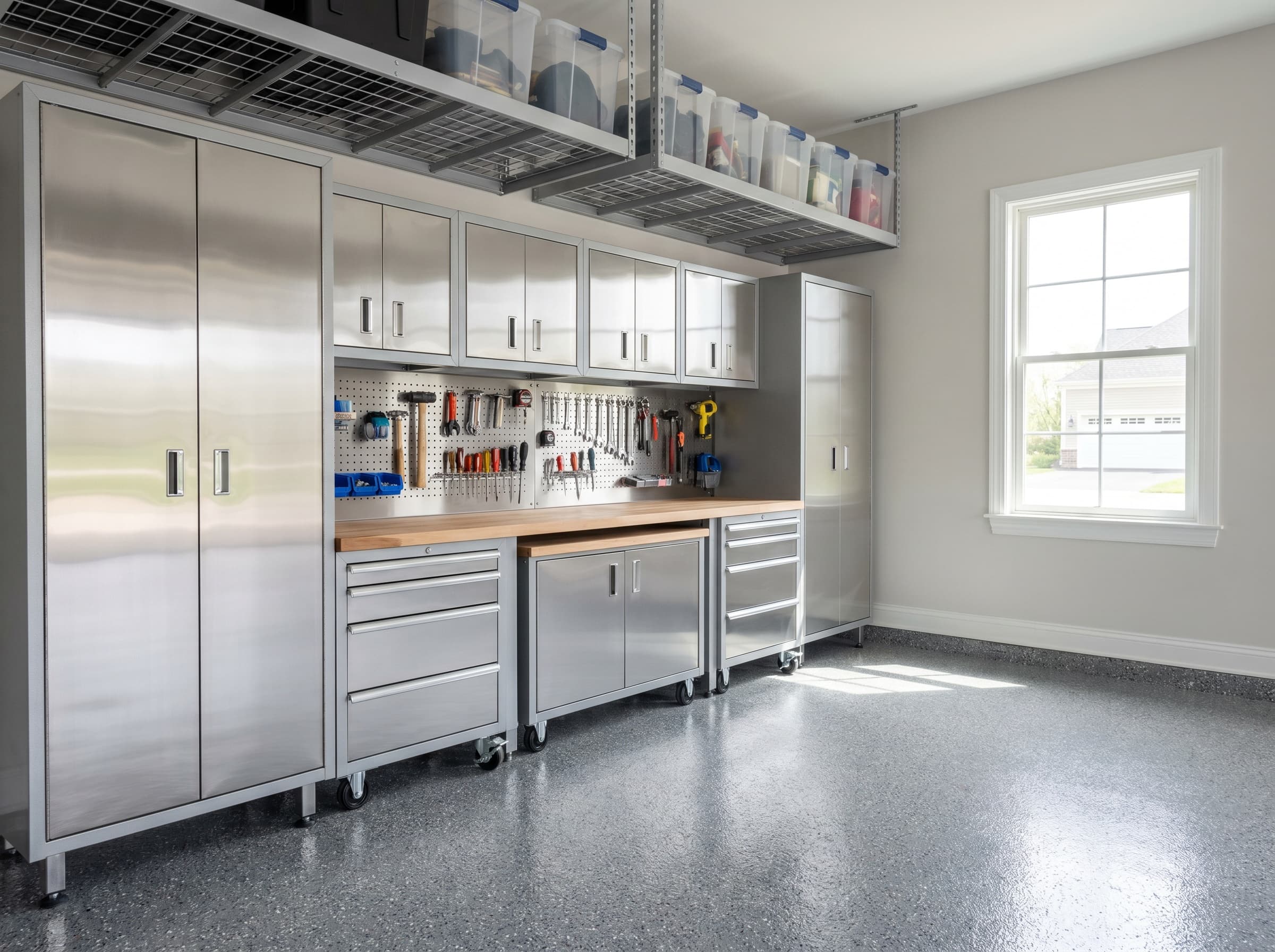 Suwanee, GA · 2-car wall with bright stainless cabinets and butcher-block bench.