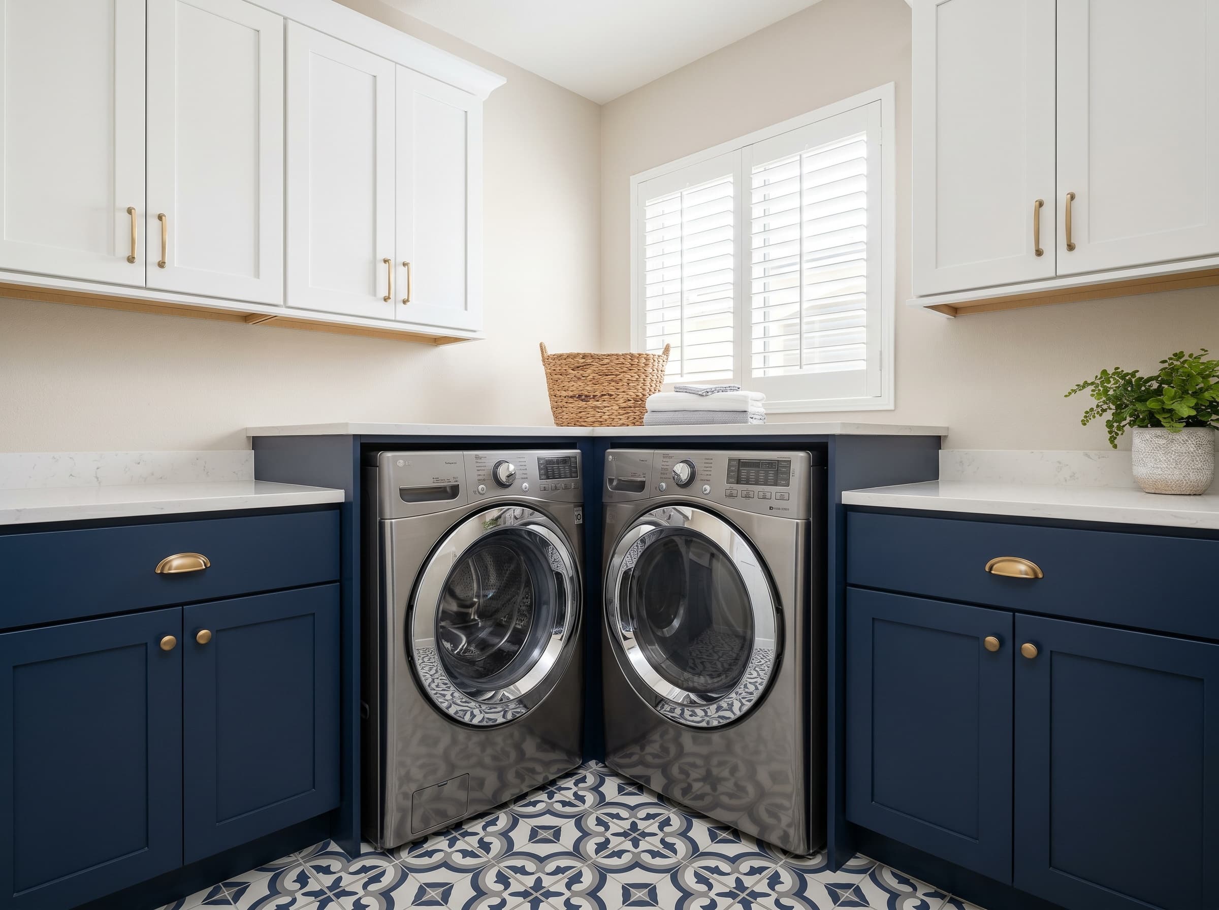 Norcross, GA · Two-tone white uppers + navy lowers with brass pulls.