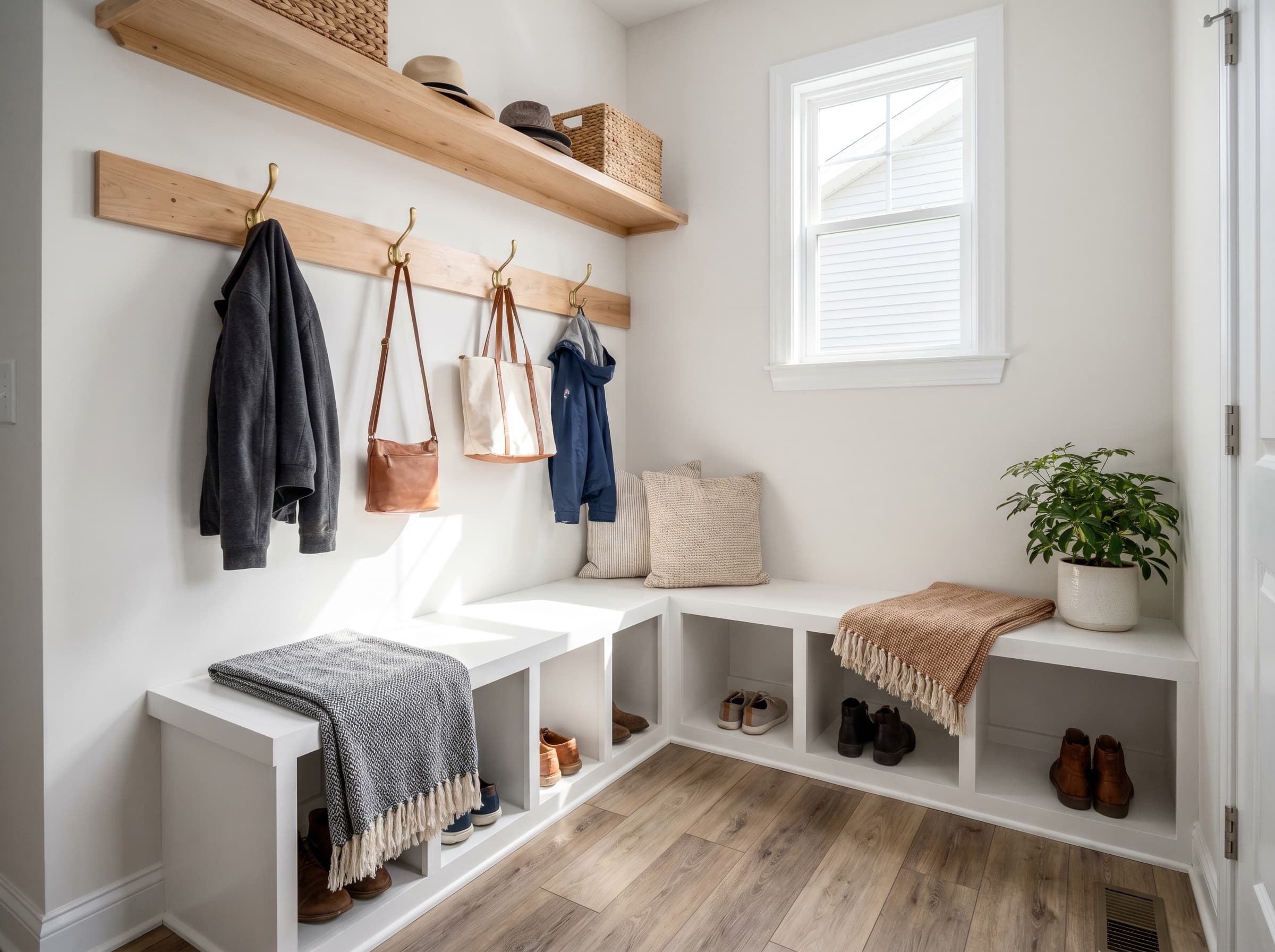 Dunwoody, GA · Small mudroom corner with white shaker shoe-storage bench.