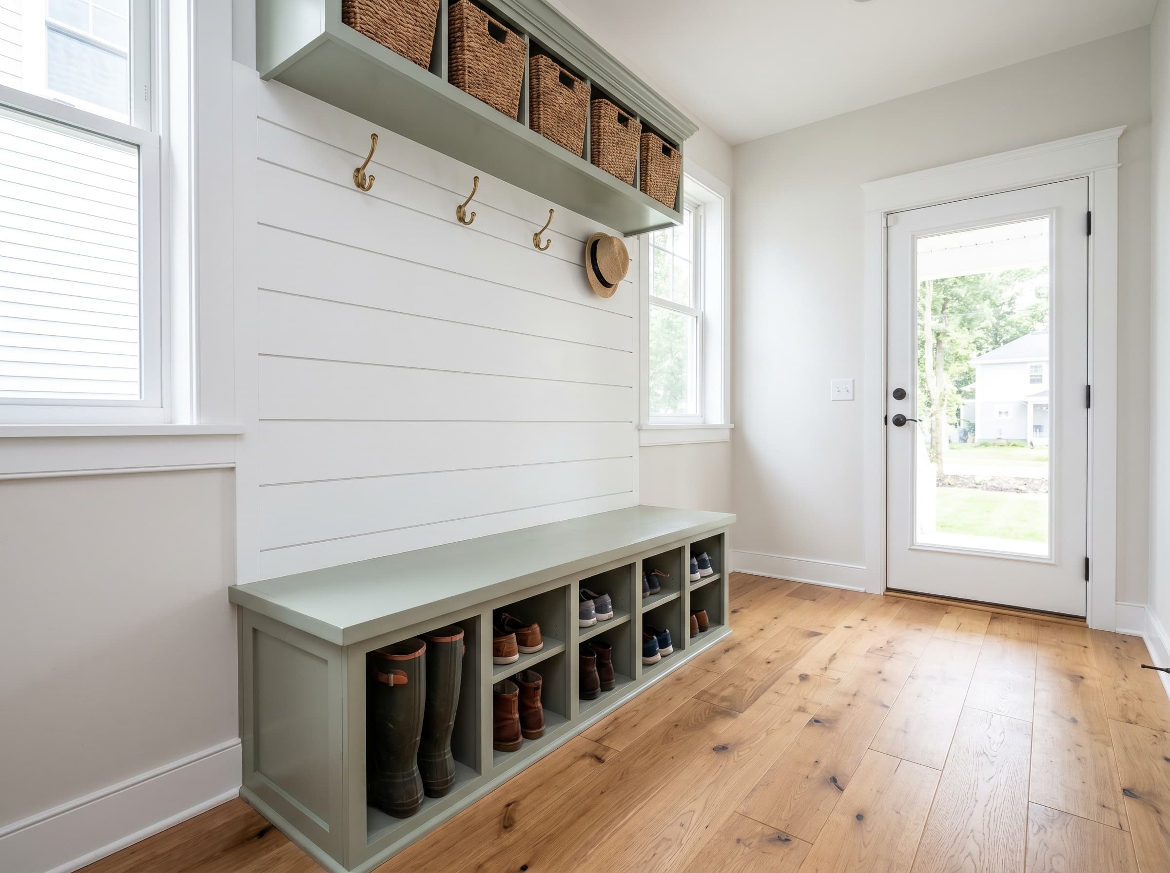 Norcross, GA · Back-door mudroom with sage green shaker bench and shiplap.