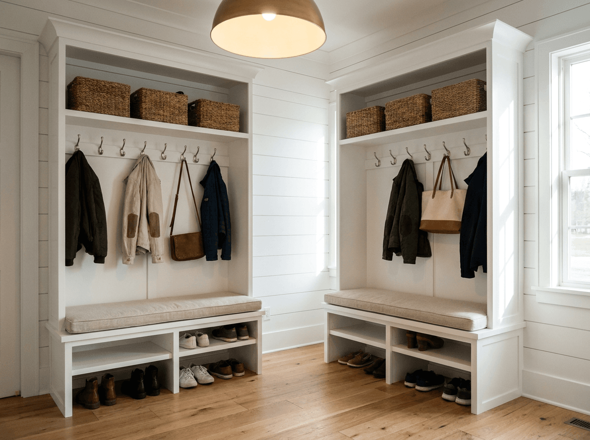 Woodstock, GA · Two tall white shaker open lockers with bench seats and shoe shelves.