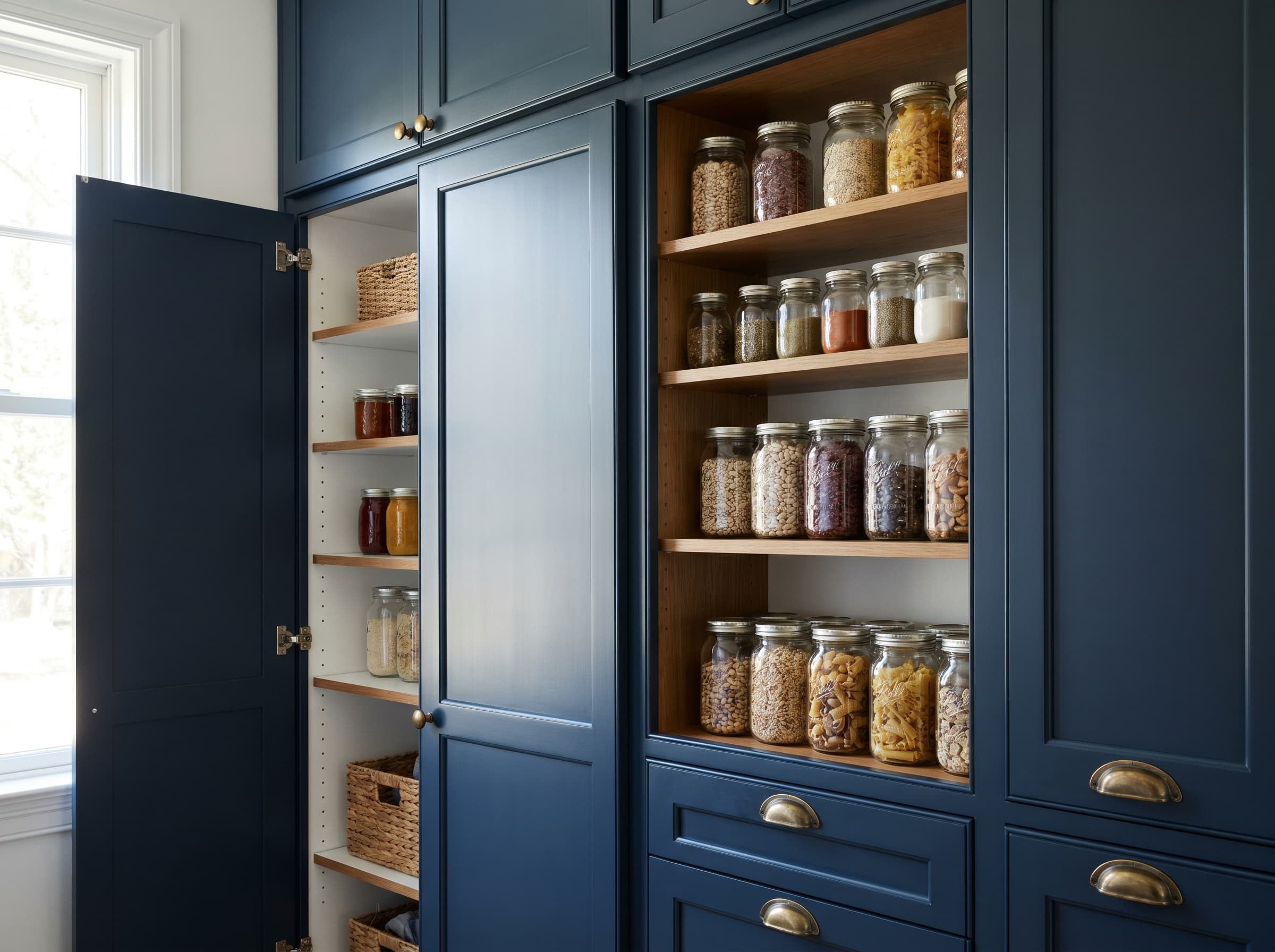 Alpharetta, GA · Reach-in navy shaker pantry with mason-jar storage.