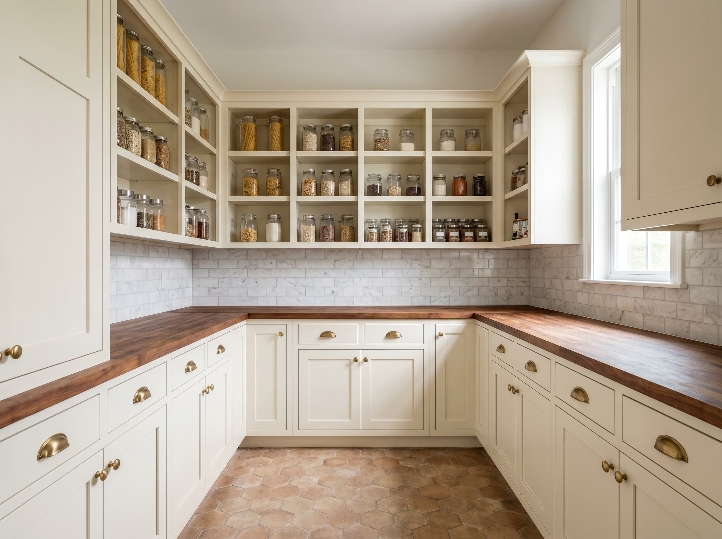 Dunwoody, GA · Walk-in with cream shaker cabinetry and marble backsplash.
