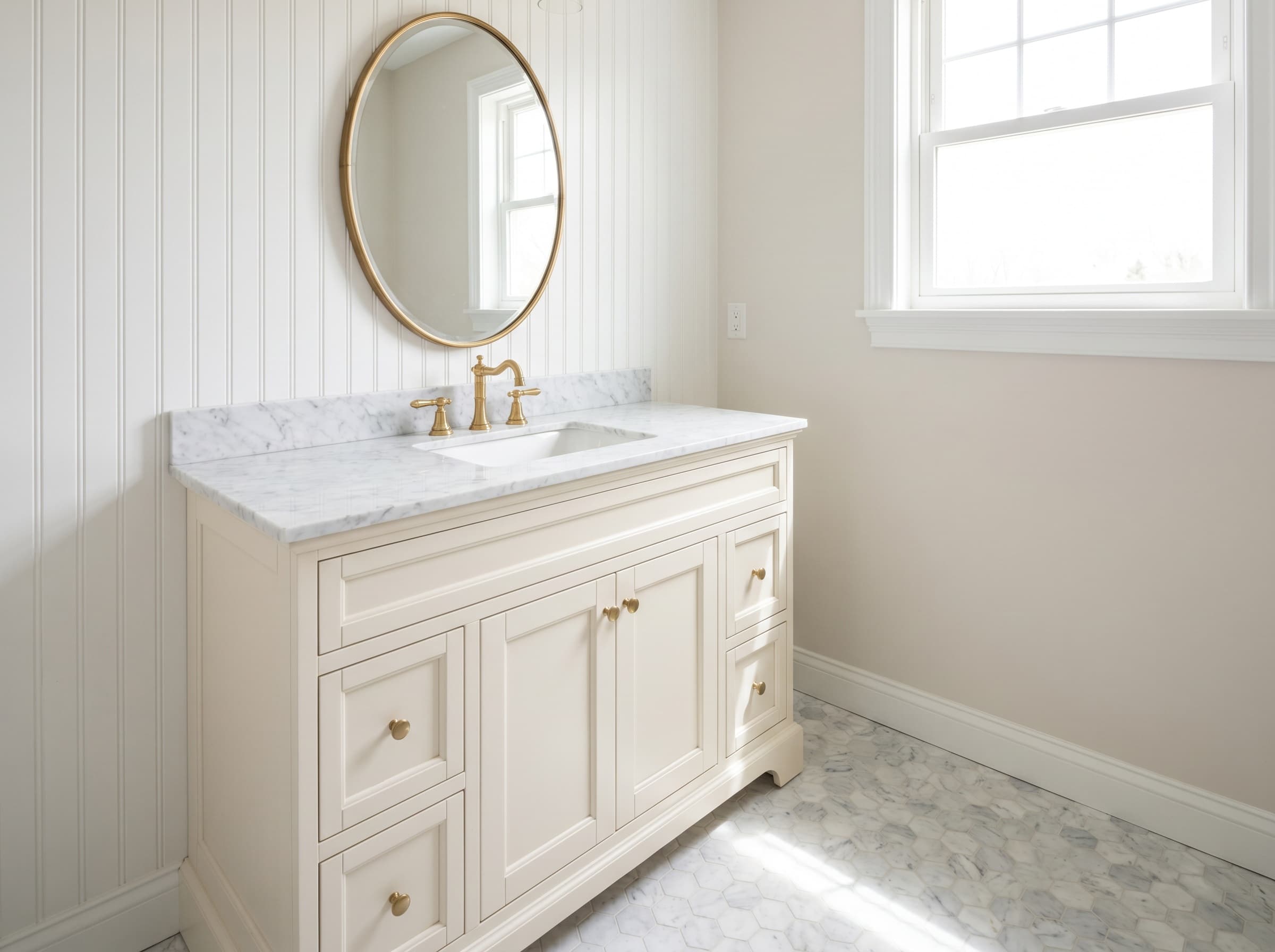 Brookhaven, GA · 36" cream raised-panel single with carrara and brass faucet.
