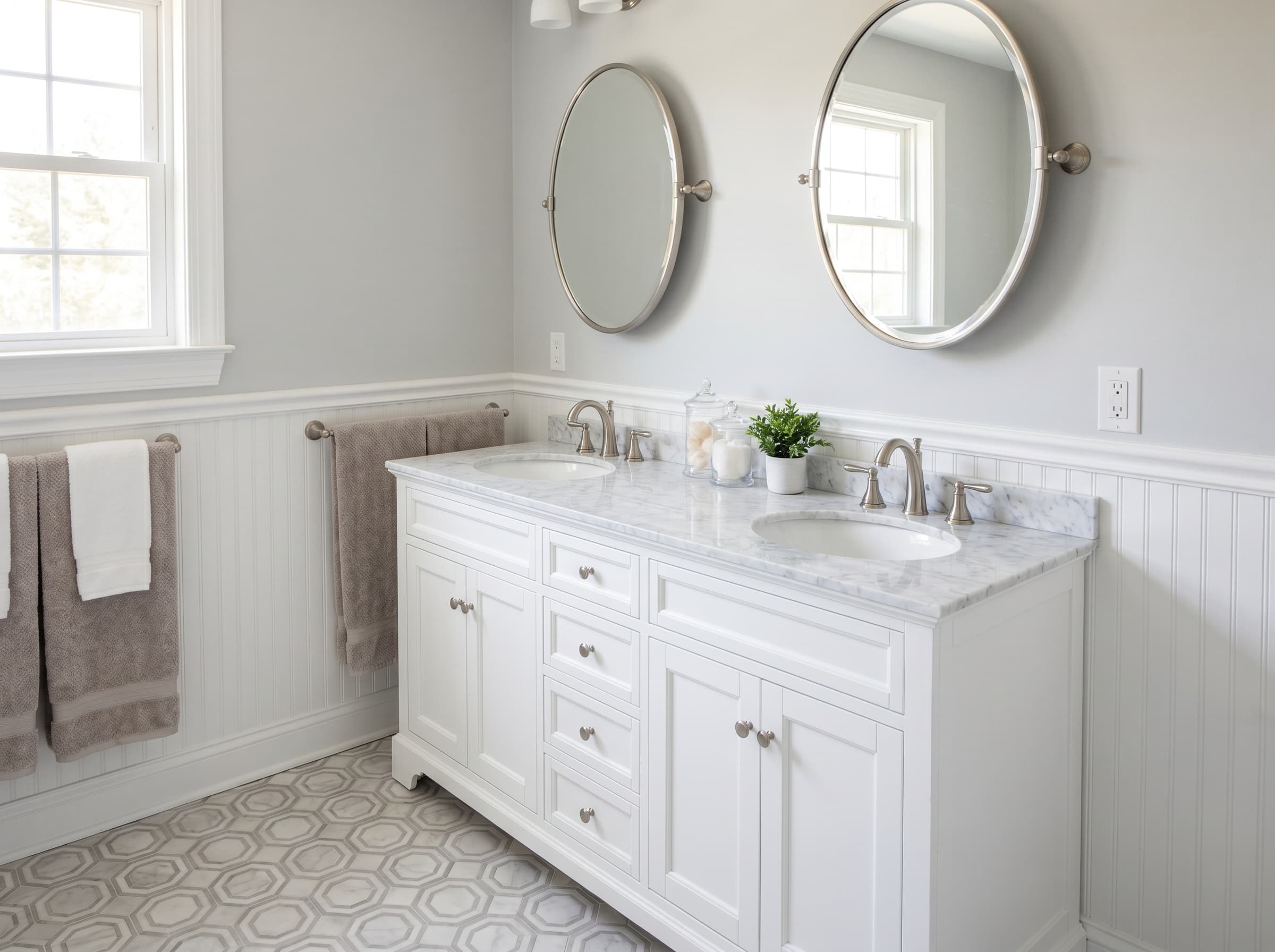 Decatur, GA · 60" white shaker double with carrara marble top.